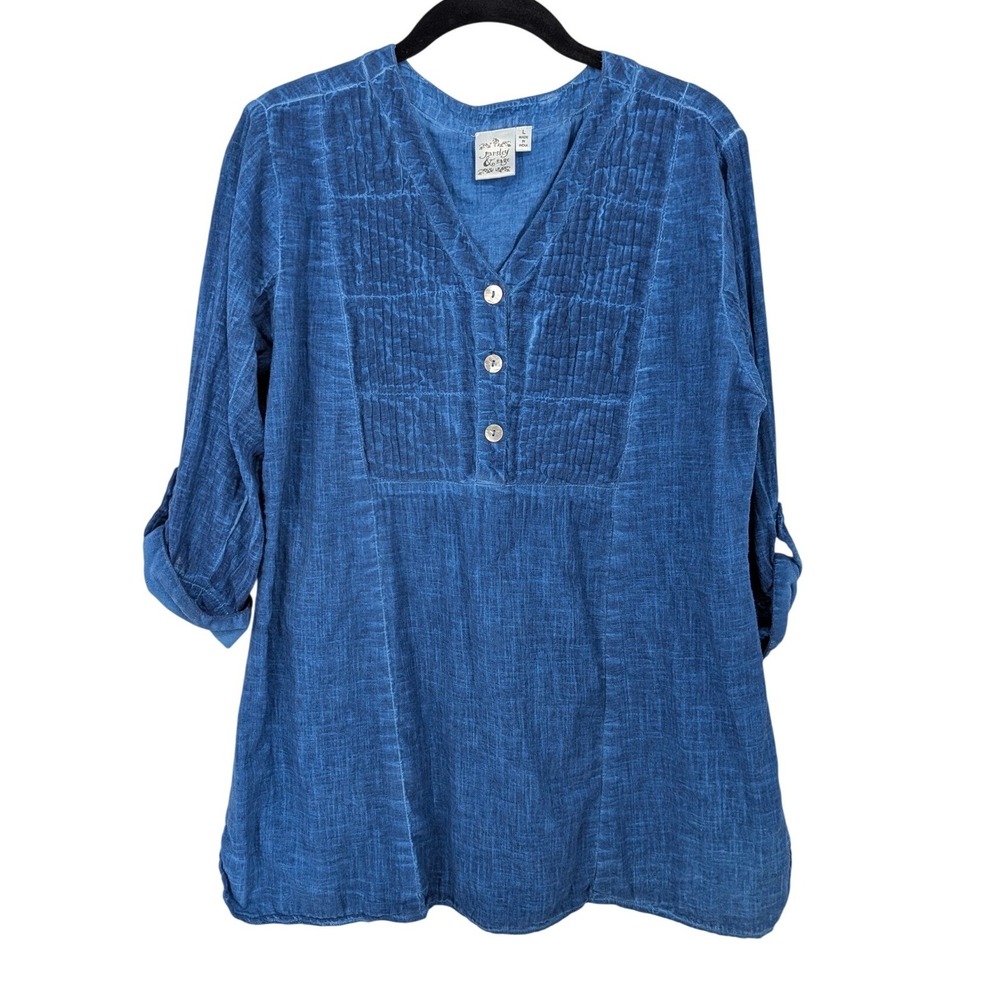 Parsley & Sage Top Women Large Blue Pintuck Roll Tab Sleeve Cotton Tunic Artsy